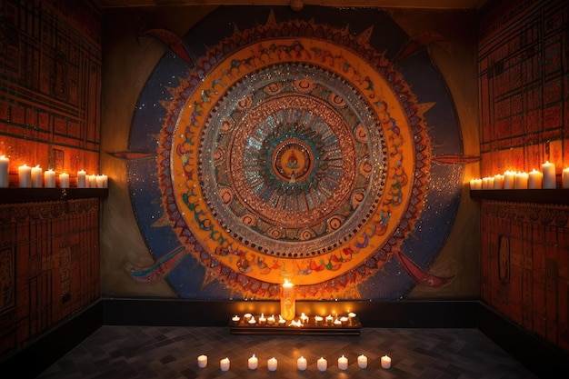 Mandala on the wall of temple surrounded by candles and incense