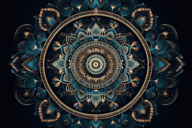 Mandala with intricate design and sacred geometry shapes on deep blue background