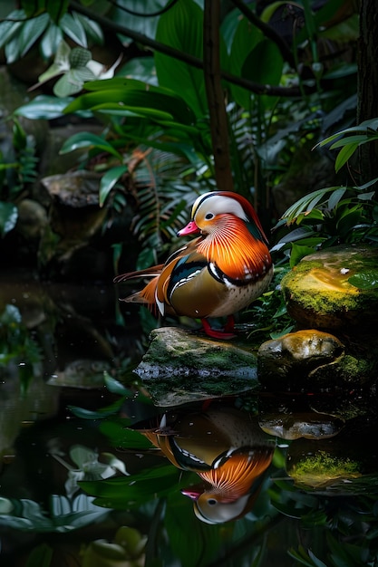 Photo mandarin duck perched on a rock by a pond