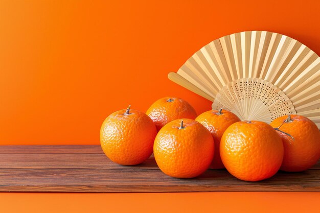 Photo mandarin oranges and japanese fan on a wooden table with orange background