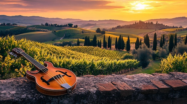 Photo mandolin resting stone wall overlooking tuscan vineyard sunset rolling hill cypress trees background