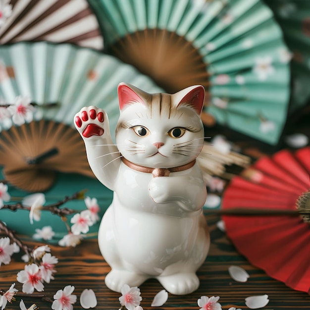 Maneki Neko Porcelain Figurine on Lacquered Table with Japanese Fans and Cherry Blossoms