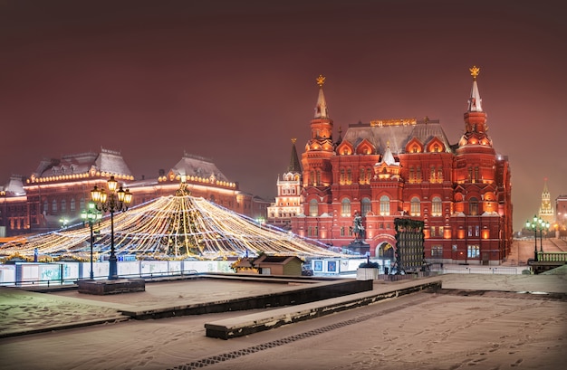 Manezh Square in Moscow in the snow and Christmas decorations