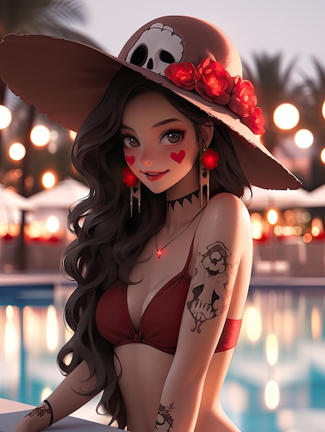 Manga anime smiling beauty hot girl day for dead sugar skull make up dia de muertos wearbikini