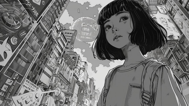 Photo manga time traveler gazes up at retro futuristic cityscape