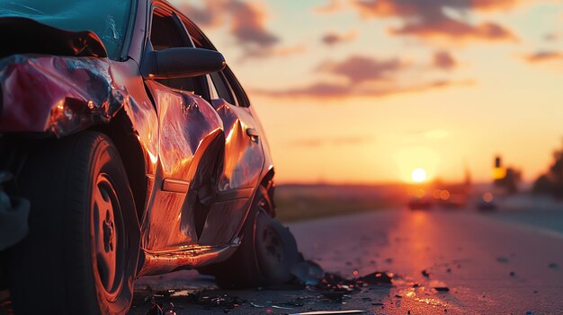 A mangled car sits on the side of the road at sunset