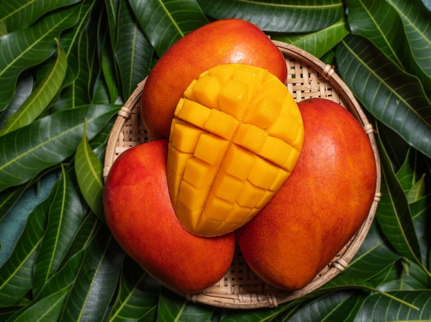 Mango in a basket on green leaf background