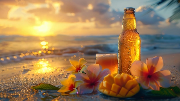 Mango Beer Bottle And Mango Fruits On Tropical Beach at Sunset Frangipani Summer AI Generated