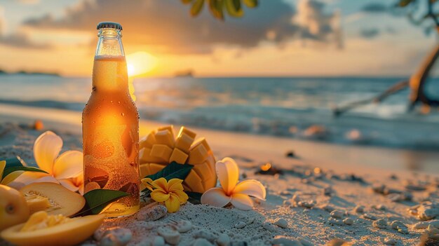 Mango Beer Bottle And Mango Fruits On Tropical Beach at Sunset Frangipani Summer AI Generated