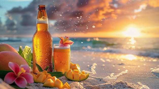 Mango Beer Bottle And Mango Fruits On Tropical Beach at Sunset Frangipani Summer AI Generated