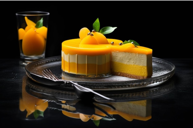 Mango cheesecake on black background with reflection Selective focus