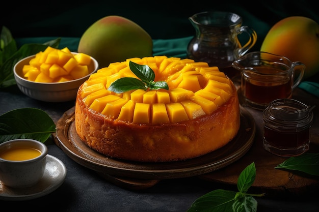 A mango cheesecake with a green leaf on top