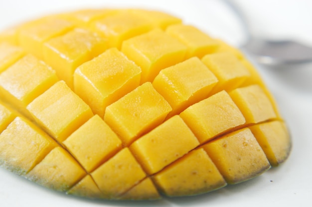 Mango Cube Slices Isolated on the White Background