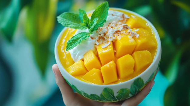 Photo mango dessert with coconut flakes and mint garnish in a bowl