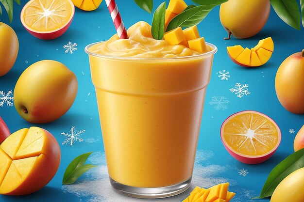 Mango frozen smoothie ads with fresh fruit and ice cubes in 3d illustration