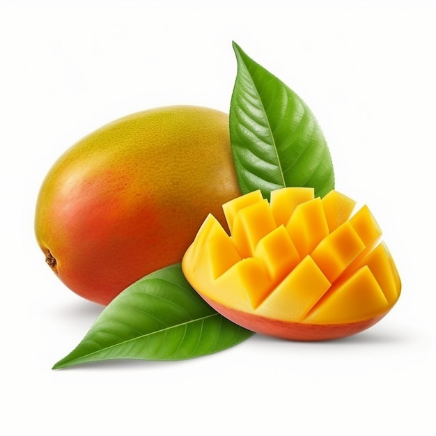 Mango fruit with mango cubes and leaves isolated on a white background Organic mango food