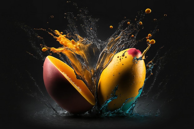 Mango fruits splash isolated on black background