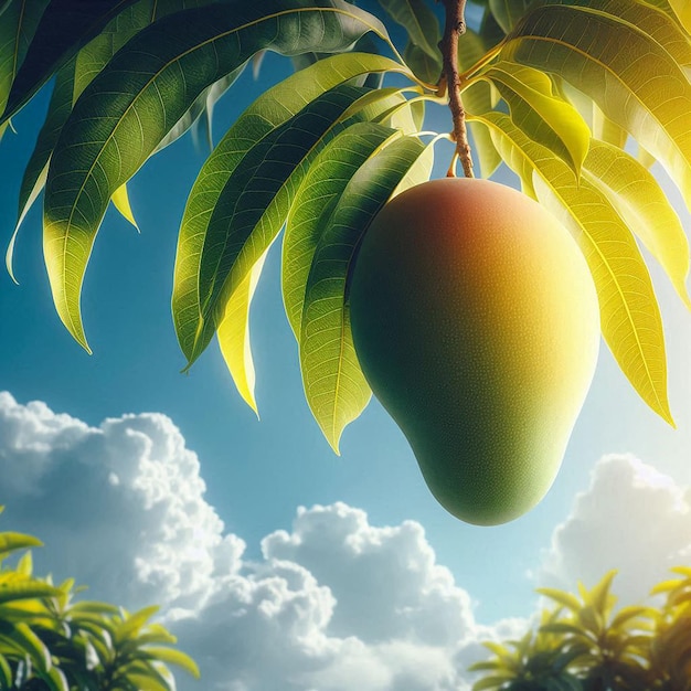 Photo mango hanging from a tree with a blue sky and clouds in the background