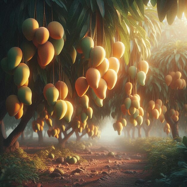 Mango hanging in mango tree background image