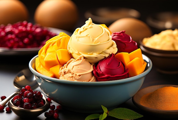 The mango is in front of ice cream and mango pieces