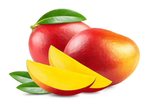 Mango isolated. Ripe red mango and mango slices on a white background.