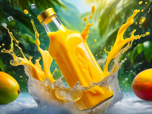 Mango juice bottle and water splash