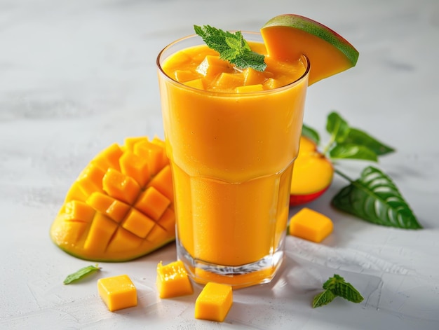 Mango and juice in glass cups