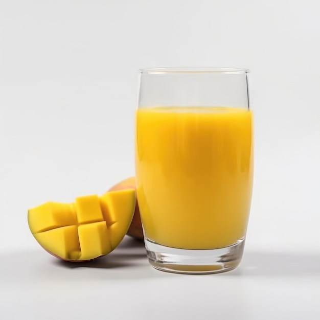 Mango juice is being poured into a glass next to a mango slice.