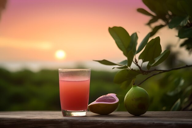 A mango juice and a mango on a table