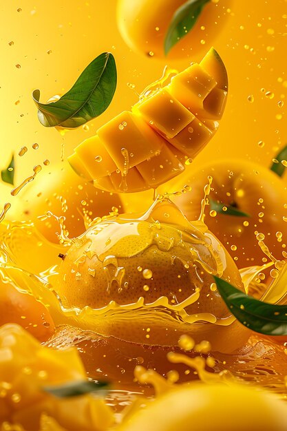 Mango juice splash with fresh mango and leaves on a yellow background