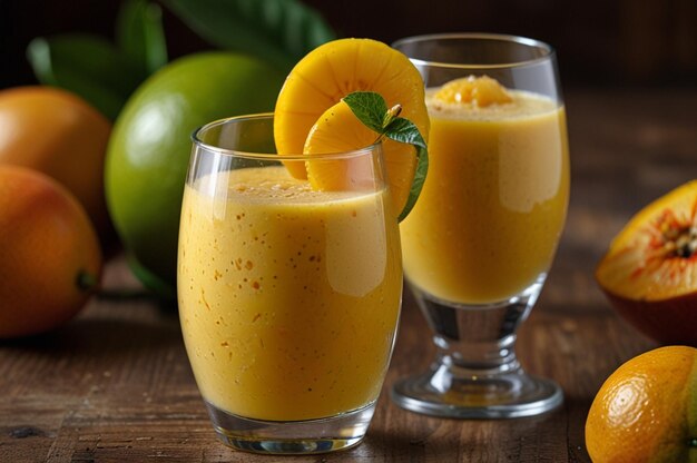 Mango juice with a citrus garnish mouthwatering fresh mango fruit smoothie juice