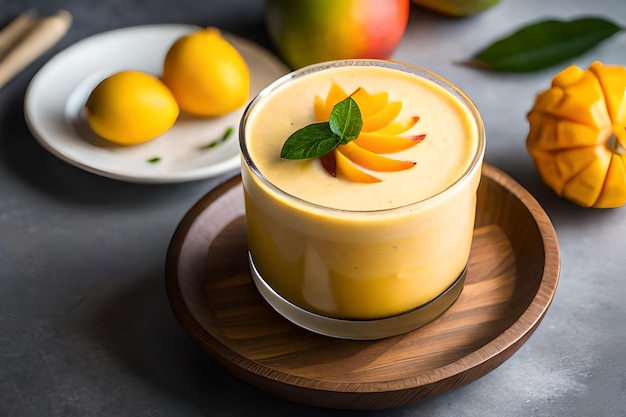 Mango lassi in a glass with a plate of mangoes on the side