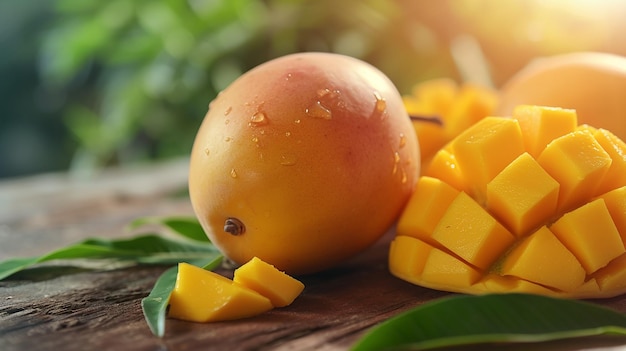 Photo a mango and mango are on a wooden table