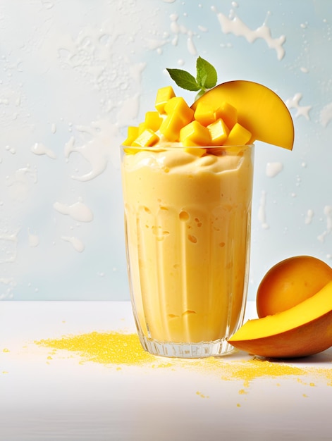 Mango margarita in a high glass with sliced fresh mango fruit and green leaves on light textured background Creamy tropical drink mango smoothie Close up of mango drink AI