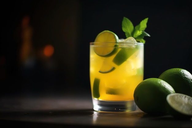 Mango mojito photo with slice leaf on it in the wooden table