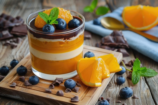 Mango Orange Pudding with Cream and Chocolate Delicious Breakfast Recipe on a Chic Board with a