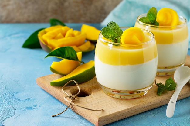 Mango Panna cotta with mango jelly and mint Italian dessert homemade cuisine