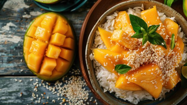 Photo mango and sesame rice bowl with basil