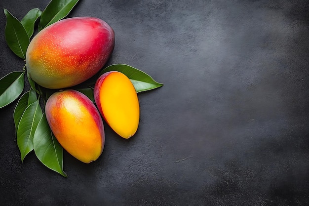 Photo mango slice and mango leaves from tree tropical summer fruit concept