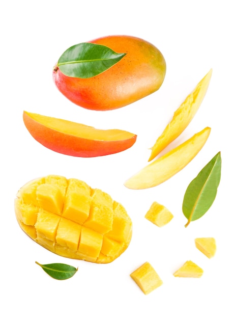 Mango slice with green leaves isolated on white table. top view