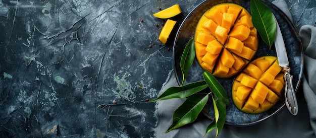 Photo mango slices on a plate with green leaves