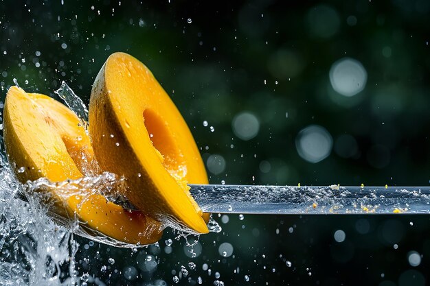 mango slices with knife and water drops and splashes on blue background