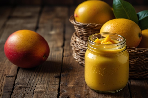 Mango smoothie in a glass mason jar and mango on the old wooden background