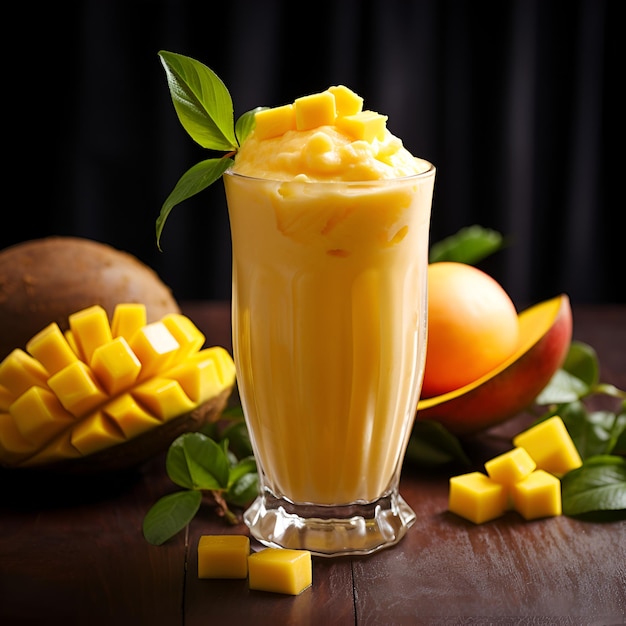 Mango smoothie in a high glass with sliced fresh mango fruit and green leaves on wooden table Creamy tropical drink on dark background Close up of mango drink freshly made mango margarita AI