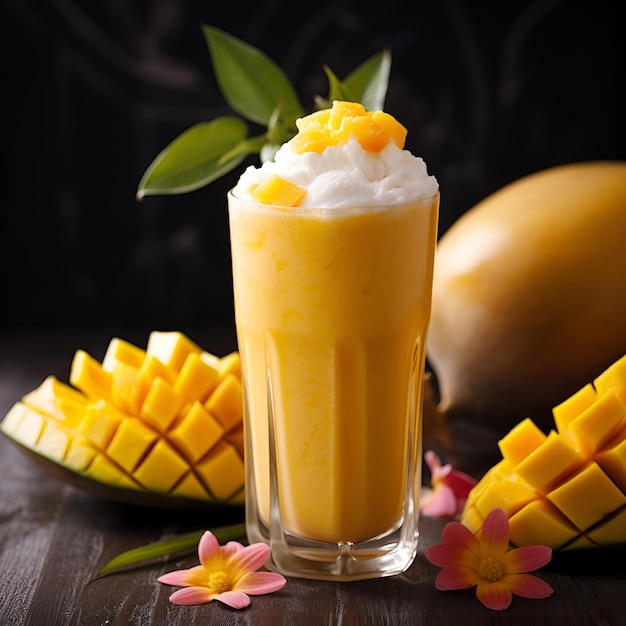 Mango smoothie in a high glass with sliced fresh mango fruit and tropical flowers on wooden table Creamy tropical drink on dark background Close up of mango drink AI