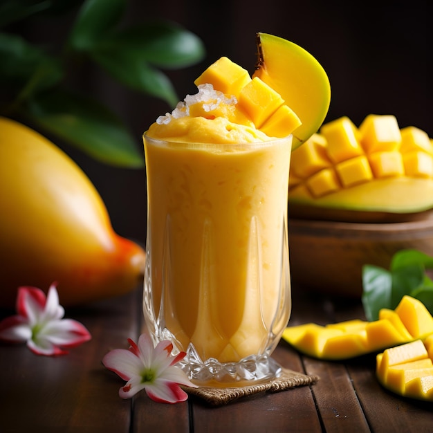 Mango smoothie in a high glass with sliced fresh mango fruit and tropical flowers on wooden table Creamy tropical drink on dark background Glass of mango drink close up AI generated