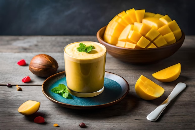 Mango smoothie with a bowl of mango on the side