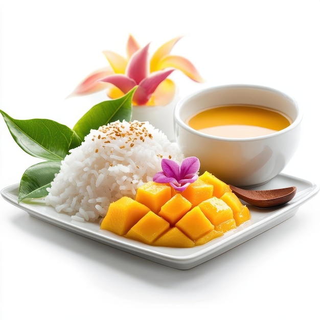 Mango sticky rice with coconut milk isolated on a white background