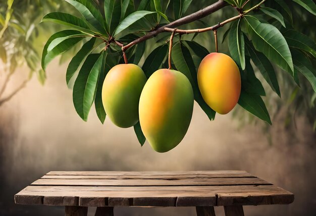 a mango tree with green leaves hanging from a branch