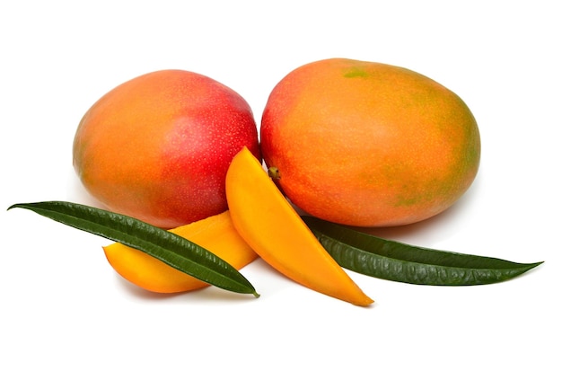 Mango with leaf and slices isolated on white background